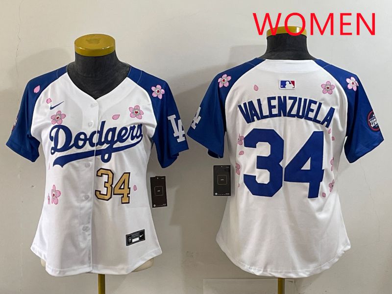 Women Los Angeles Dodgers #34 Valenzuela White Blue Sakura Edition 2025 Nike MLB Jersey style 33